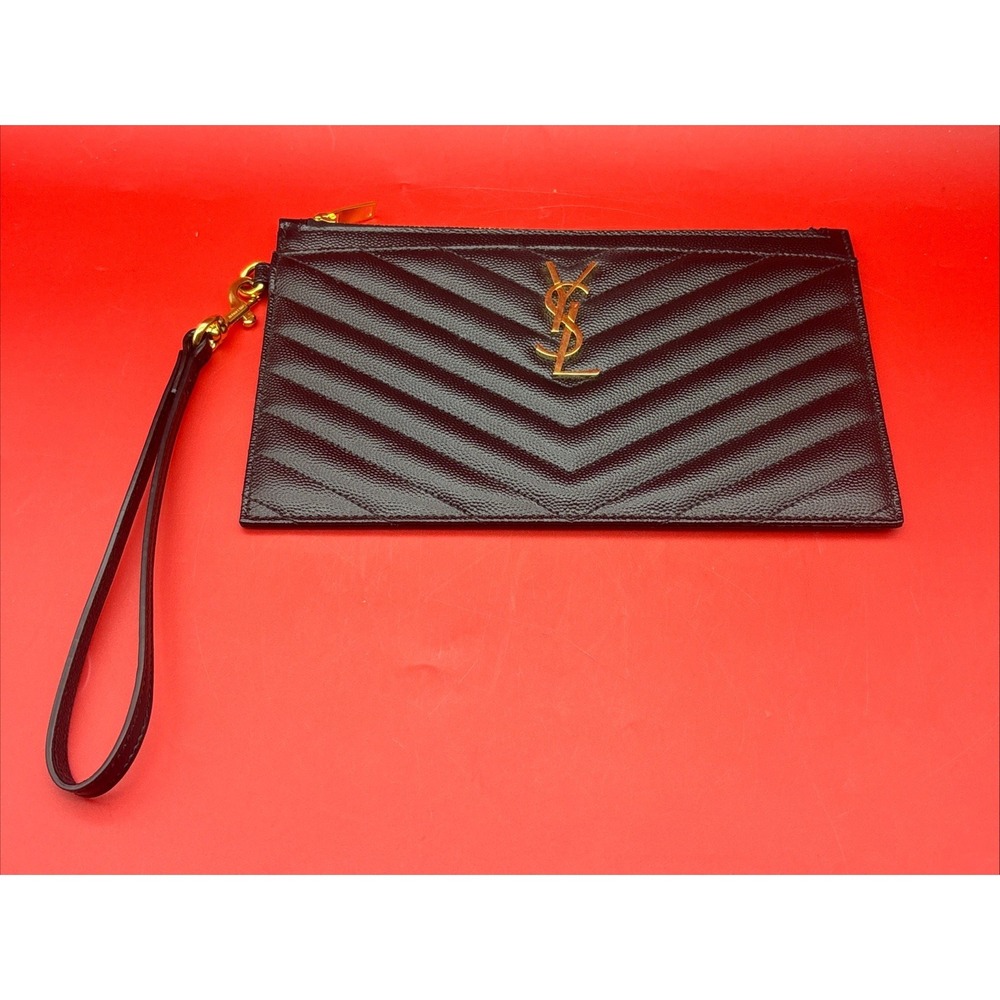 Saint Laurent Black Matelasse Gold Logo Wristlet Clutch - Picture 1 of 14